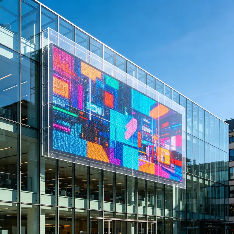TLED Transparent LED Screen Hero Product Display - High transparency glass LED display on modern building facade