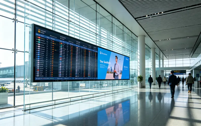 High brightness transparent LED screen at airport terminal showing flight information while maintaining visibility