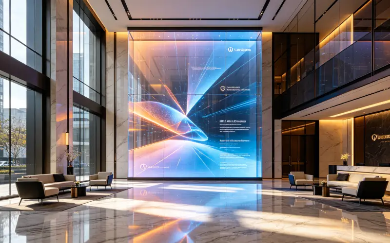 Premium transparent LED installation in corporate lobby displaying brand story and digital art