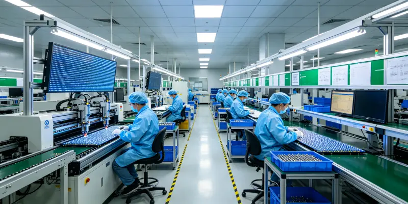 TLED 5000 square meter ISO9001 certified LED display factory in Shenzhen China showing modern production line and testing equipment