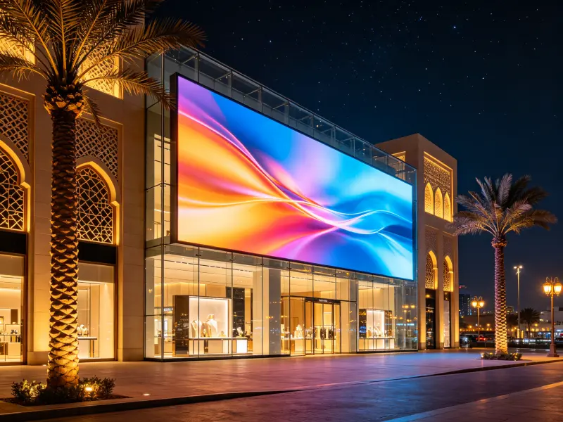 TLED P10.42 transparent LED screen installed on Dubai Mall luxury retail facade at night showing vibrant advertising content