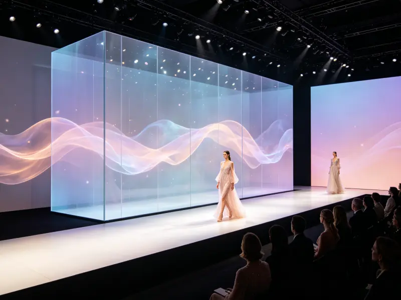 TLED P3.91 rental transparent LED screen used as runway backdrop at Paris Fashion Week with models walking through