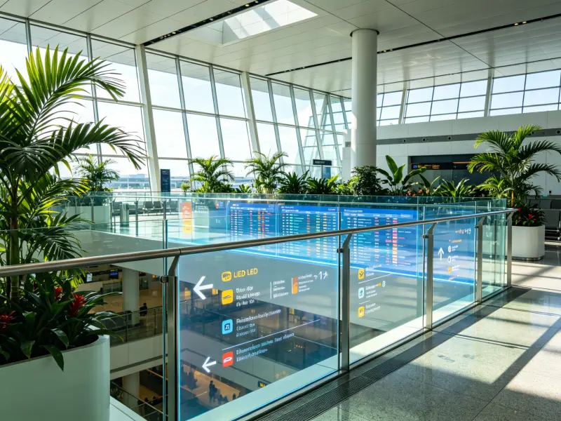 TLED P6.25 flexible LED film applied to glass balustrade at Singapore Changi Airport terminal showing flight information
