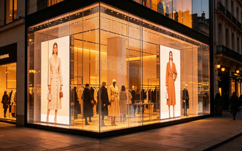 Transparent LED screen installed on luxury retail storefront glass window displaying dynamic advertising while maintaining interior visibility