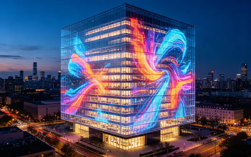 Large transparent LED display integrated into modern glass building facade for architectural media art