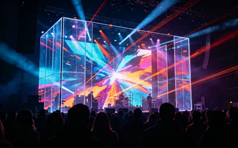 Transparent LED screen used as stage backdrop at concert event creating depth and visual effects