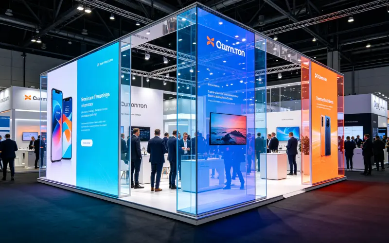 Transparent LED display in exhibition booth creating immersive brand experience at trade show
